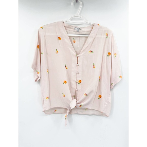 Rails Thea Peach Fruit Print Tie Waist Silk Button Front V-Neck Blouse Top XS - Picture 2 of 7